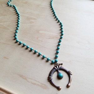 Copper Naja Pendant on Long Turquoise Necklace
